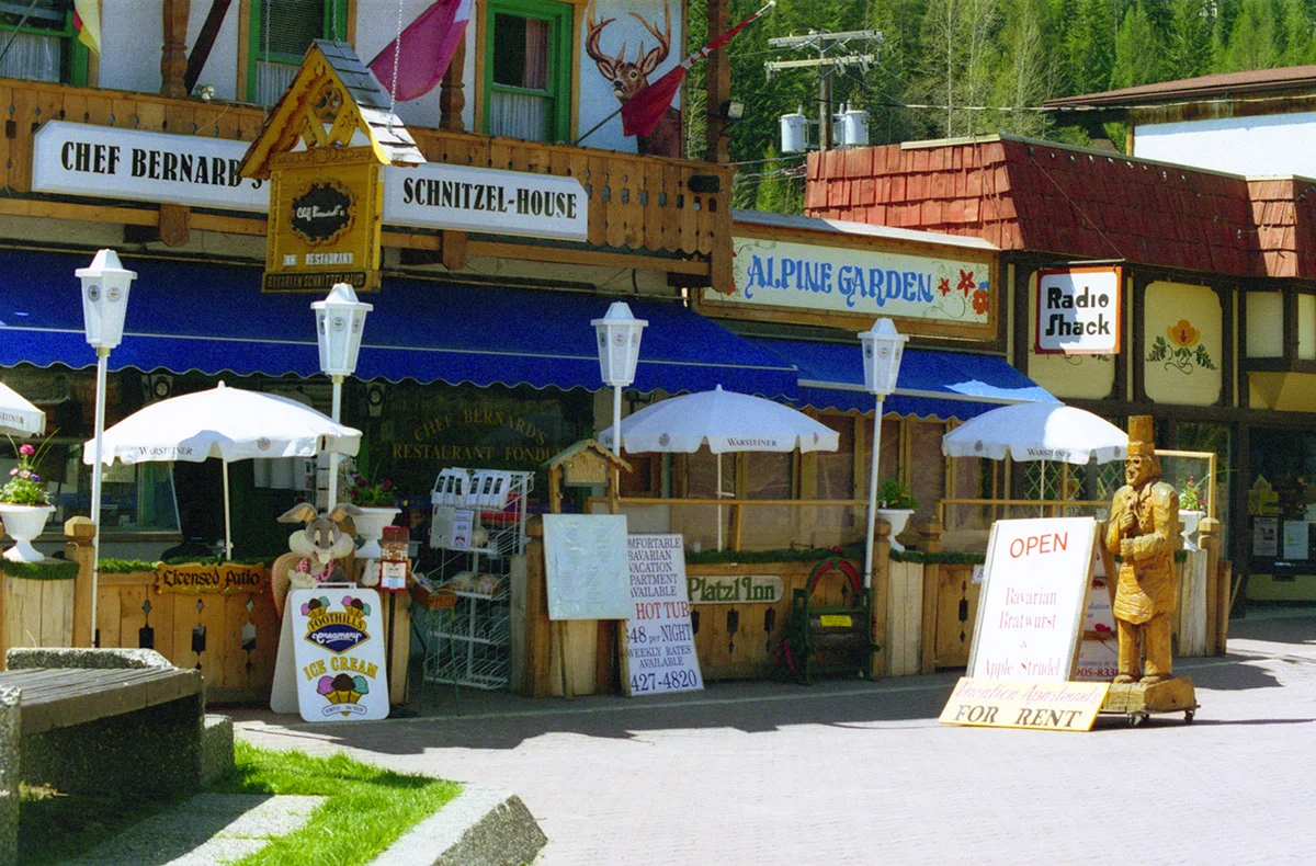 Archival May 1997 photograph of colourful buildings in Kimberley's Platzl, British Columbia