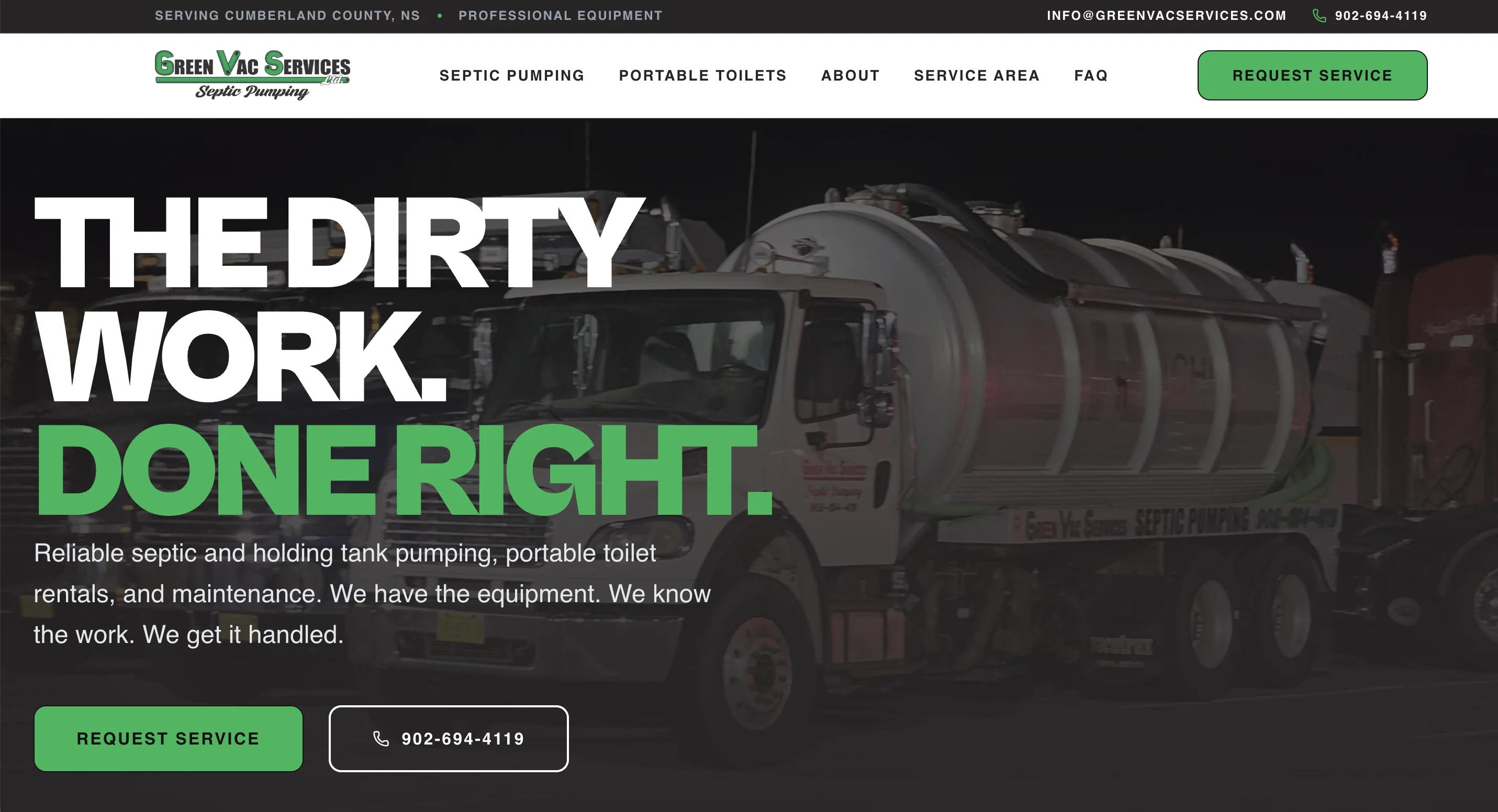 GreenVac Services desktop website, shown uncropped