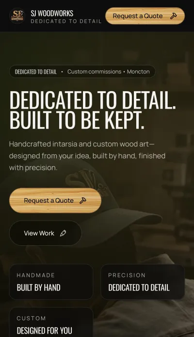 SJ Woodworks website displayed on a mobile phone